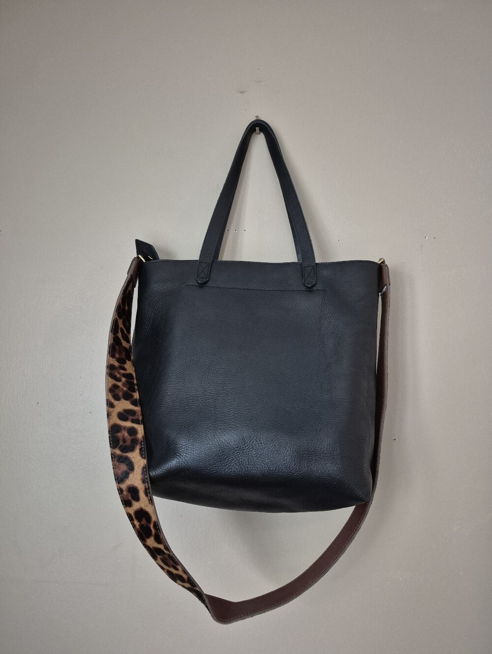 Madewell Black Medium Zip Top Transport Bag With Leopard Calf Hair Edition Strap